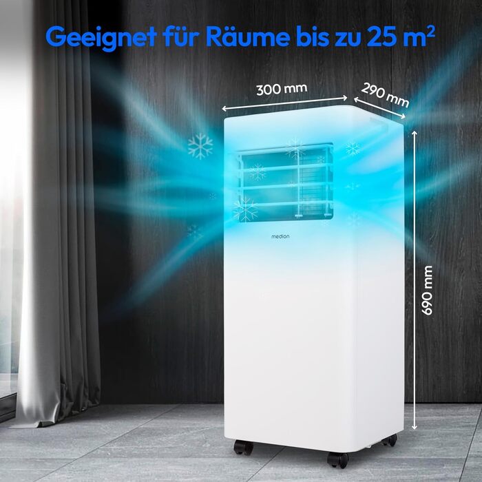 Мобільний кондиціонер MEDION P702, 3-в-1, 7 000 BTU, до 25 м², з відведенням повітря, додатком та голосовим керуванням