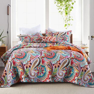 Покривало Qucover Boho 230x250 см з наволочками, бавовняне, кольорове стьобане для двоспального ліжка, стиль Пейслі
