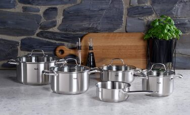 Набір каструль Fissler San Francisco з нержавіючої сталі, 5 предметів, для індукційних плит, зі скляними кришками (3 каструлі, 1 сотейник, 1 каструля з ручкою)