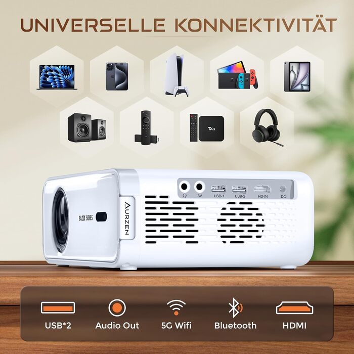 Aurzen Eazze D1 Smart Beamer: 4K проєктор для домашнього кіно з підтримкою 4K, Full HD 1080P, Netflix, Dolby Audio, автофокусом, корекцією трапеції, Wi-Fi, Bluetooth, білий