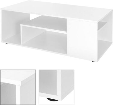 Стіл журнальний ML-Design білий глянець 100x42x60 см, з полицею зі скла та 4 бічними відділеннями, сучасний стіл для вітальні з місцем для зберігання, дерев'яний кофейний стіл
