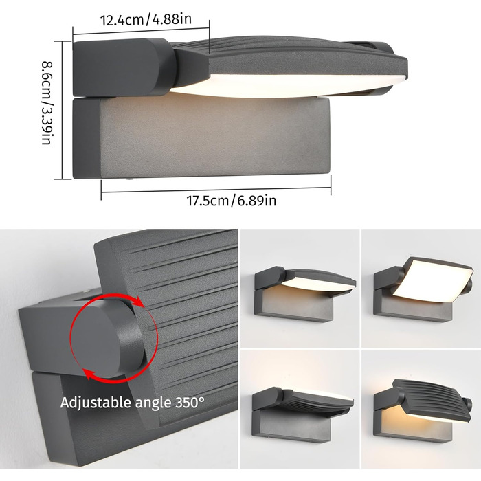 Стіна LED-світильник SANSHI зовнішній водонепроникний IP65, поворотна панель 350°, 12W, 3 режими кольору (3000K/4000K/6500K) для саду та тераси, темно-сірий