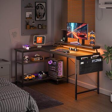 Ігровий стіл Coleshome L-подібний з полицею, LED-підсвіткою та розеткою, кухонний стіл для геймерів з органайзером, реверсивний, вугільцю чорний, 120×80 см