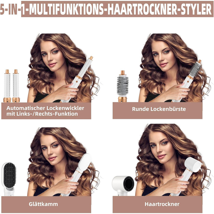 Airstyler 5 в 1 1000W з насадками для укладки, випрямлення та завивки волосся - білий