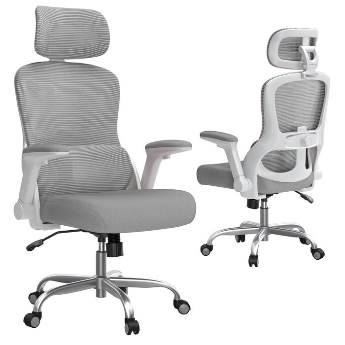 Офісне крісло TRALT Ergonomic - ігрове крісло з регульованою підголівником та поперековою підтримкою. Крісло для дому та офісу, комп'ютерне крісло для великих людей, сітчасте крісло, вантажопідйомність 150 кг (Сірий)