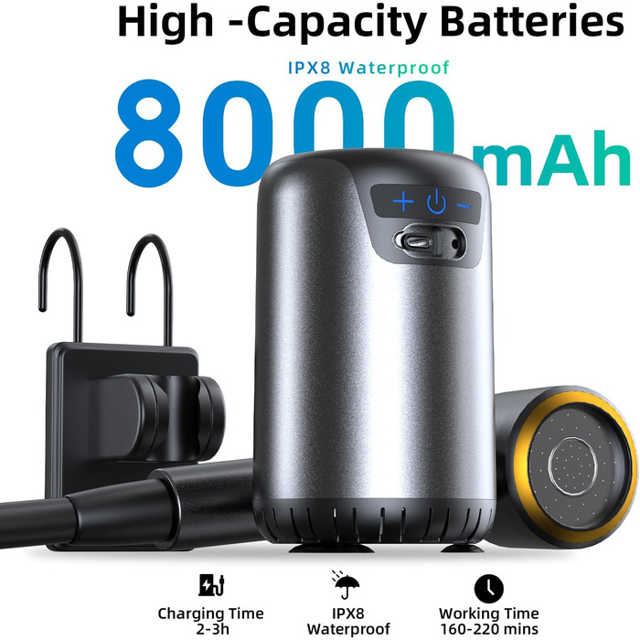 Портативна кемпінгова душ з показником Фаренгейта та акумулятором 6000 mAh, водонепроникна IPX7, для кемпінгу, піших прогулянок, миття авто