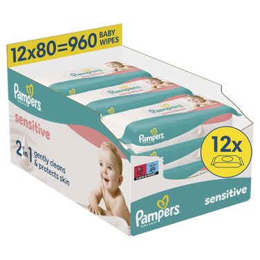 Вологі серветки для дітей Pampers Sensitive, 12 пачок по 80 шт (загалом 960 шт)