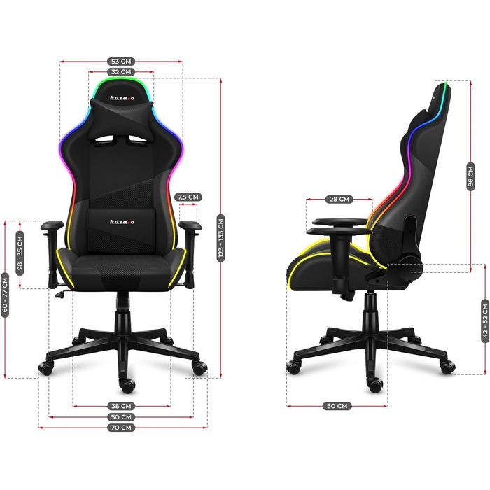 Ігрове крісло Huzaro Force 6.2 Black RGB з LED підсвіткою, еко-шкіра, тканина, карбон, до 130 кг, регульована висота, підголівник, поперекова підтримка, ергономічне, чорне