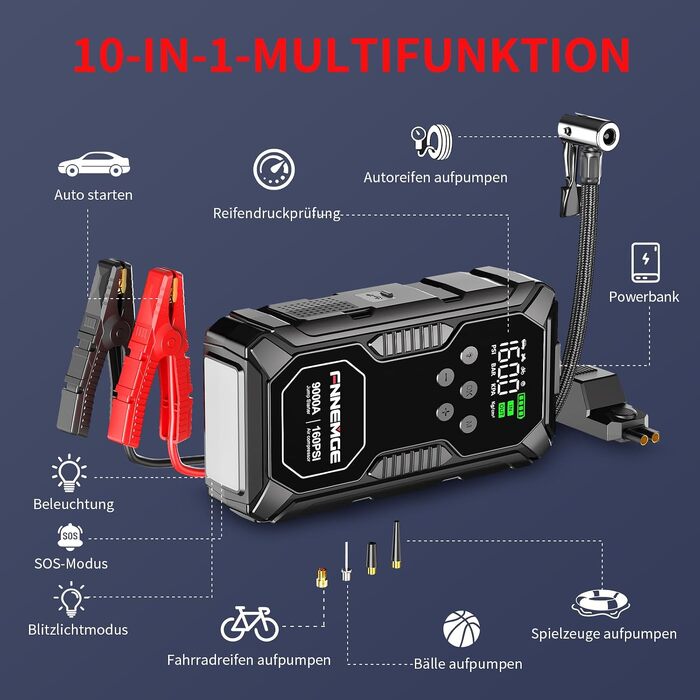 Пусковий пристрій (бустер) FNNEMGE 26800mAh 9000A з компресором 160PSI для авто 12V (бензин та дизель до 12.0L), Powerbank з LCD-екраном та LED-ліхтарем