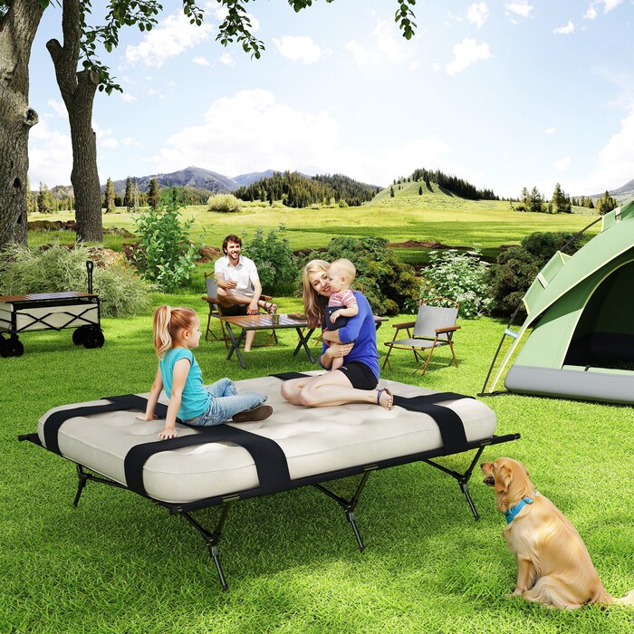 Похідне ліжко Outsunny Camping Bed з насосом для надувного матраца 200 x 153 см Гостьове ліжко з навантаженням до 200 кг Надзвичайно широкий кемпінговий шезлонг для 2 дорослих для кемпінгу Outdoor Garden Travel Чорний+Хакі