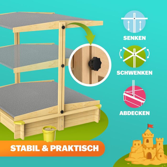 Пісочниця Spielwerk Samu з дахом від сонця 120x120 см, натуральне дерево, захист країв, UV 50, з рівнем наповнення, для дітей