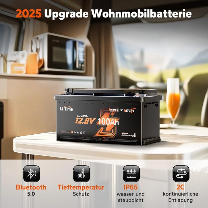 LiFePO4 акумулятор LiTime 12V 100Ah H190 з Bluetooth для кемпінгу та будинків на колесах, літієва батарея