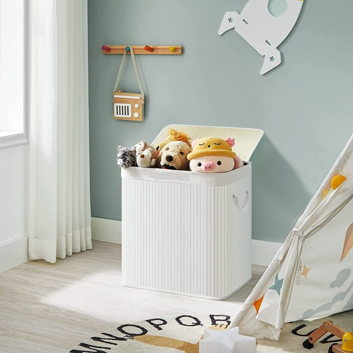 Кошик для білизни SONGMICS 150 л, 3 секції, бамбукова кришка, складний, з ручками, знімний мішок, машинне прання, білий