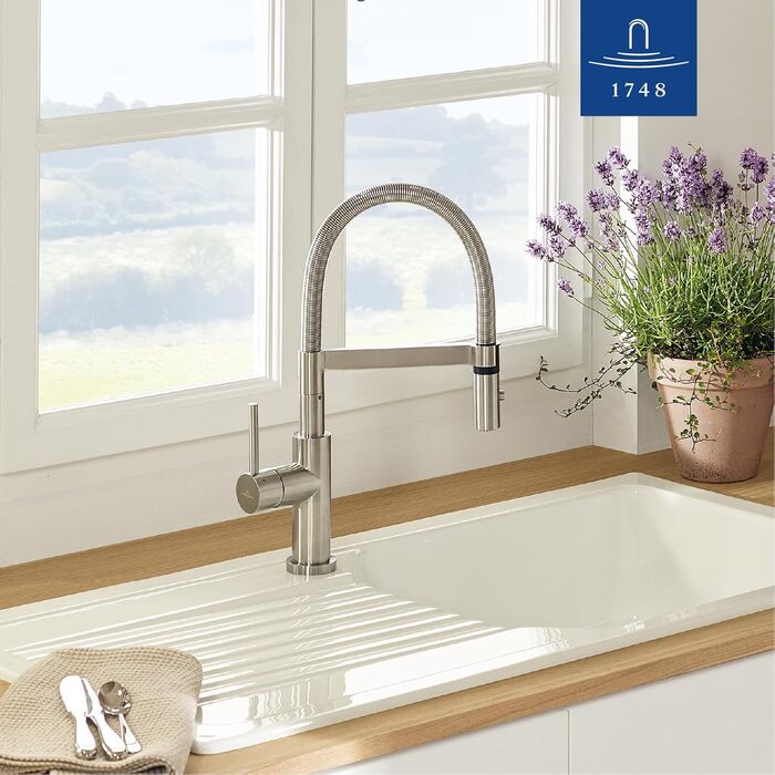 Змішувач кухонний Villeroy & Boch Steel Expert Compact, нержавіюча сталь, з висувним гусаком та перемикачем режимів, для мийки, економія води
