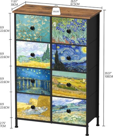 Вузька комод VEDECASA з 8 шухлядами Van Gogh для спальні, дитячої, вітальні, коридору, офісу, металевий каркас, дерев'яна стільниця, тканинні шухляди, 30×67×100 см