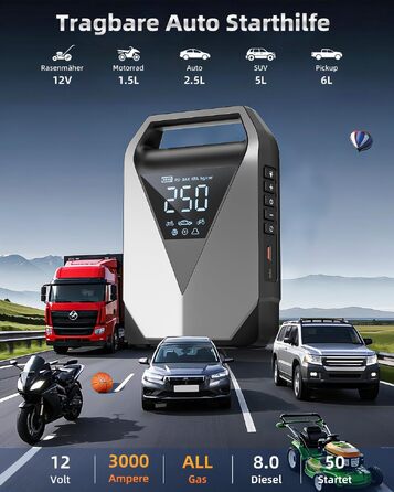 Пусковий пристрій Powerbank з компресором 6в1, бустер для авто 3000А 150PSI для 12В акумуляторів, автозапуск з LCD-екраном, QC3.0 та LED-ліхтарем (для всіх бензинових та дизельних двигунів до 8л)