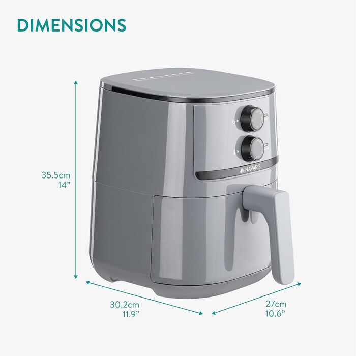 Navaris аерофритюрниця 4,3 л, 1500 Вт, без олії, сірий, антипригарне покриття, знімний кошик, компактна, Airfryer XXL