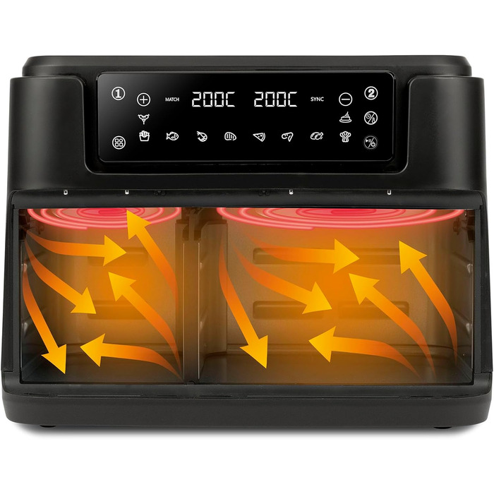 Аерофритюрниця Girmi FG26 Ecofrit Bis з двома зонами приготування, 9 л, 2400 Вт, цифровий дисплей, антипригарне покриття, чорна