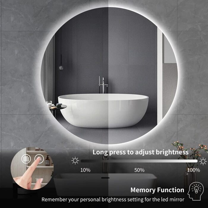 Дзеркало для ванної кімнати SensaHome кругле без рами з LED-підсвічуванням, диммер, 70x70 см