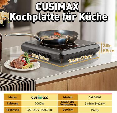 Двохконфорочна індукційна плита CUSIMAX 3500W з LED дисплеєм та сенсорним керуванням, склокераміка, захист від дітей