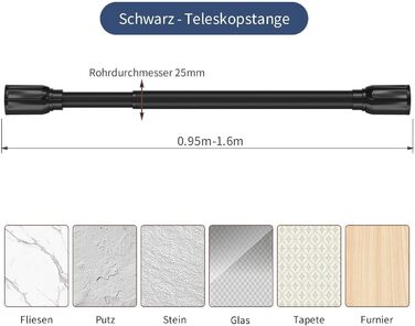 Телескопічна штанга для душової штори SLIM, чорна, 95-160 см, без свердління