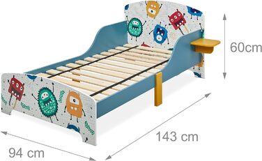 Дитяче ліжко Relaxdays 60x94x143 см, з бортиками, полицею, малюнком Монстри, з рейковим дном, МДФ, кольорове