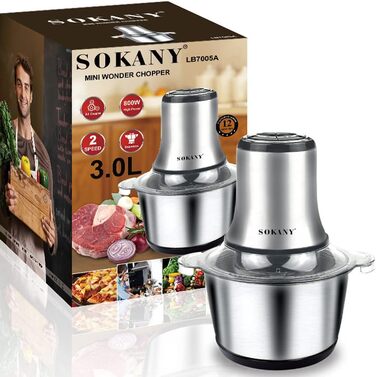 М'ясорубка-подрібнювач електричний SOKANY 800W з чашею 3л з нержавіючої сталі, 2 швидкості, для м'яса, овочів, фруктів LB7005A