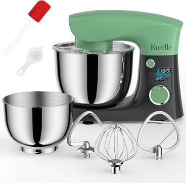 Кухонна машина-міксер Facelle 1500W з великою чашею 5.5/4.5л, 10+ програм, тиха робота, набір насадок (зелено-сірий)