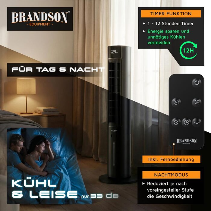 Вентилятор баштовий з функцією охолодження Brandson ECO Design: тихий DC мотор, дистанційне керування, енергоефективний, з коливанням