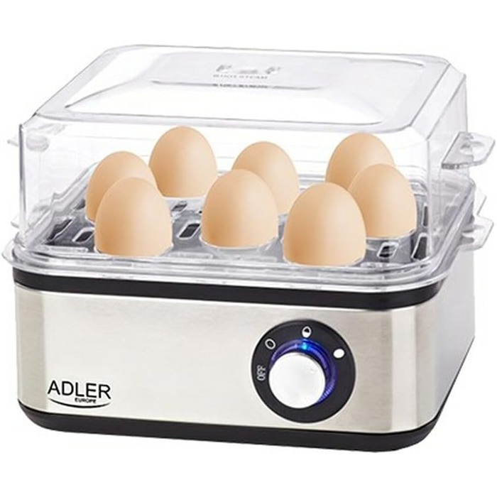 Електрична яйцеварка ADLER EUROPE AD-4486, 1-8 яєць, 500 Вт, нержавіюча сталь, автоматичне вимкнення, захист від перегріву, срібляста