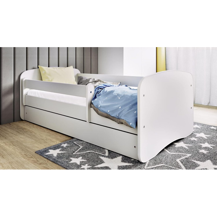 Дитяче ліжко Kids Collective 160x80 см з бортиком, ламелями та висувною шухлядою, біле, скандинавський стиль для дівчаток і хлопчиків