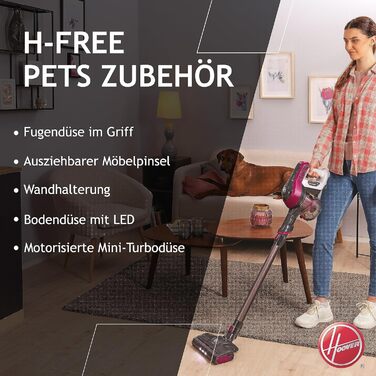 Пилосос акумуляторний Hoover HF110P без мішка для тварин, до 120 м², бездротовий, LED-підсвітка, XL контейнер, паркування, насадка для щілин та щітка, для шерсті домашніх тварин