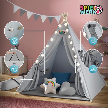 Дитяче намет-типі Spielwerk® з килимком, гірляндою та подушками (130x130 см), бавовна, дерево, сірий, блакитний