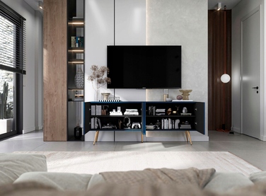 ТВ-тумба Glamour Loft, темно-синя матова, золоті металеві ніжки, 150 см