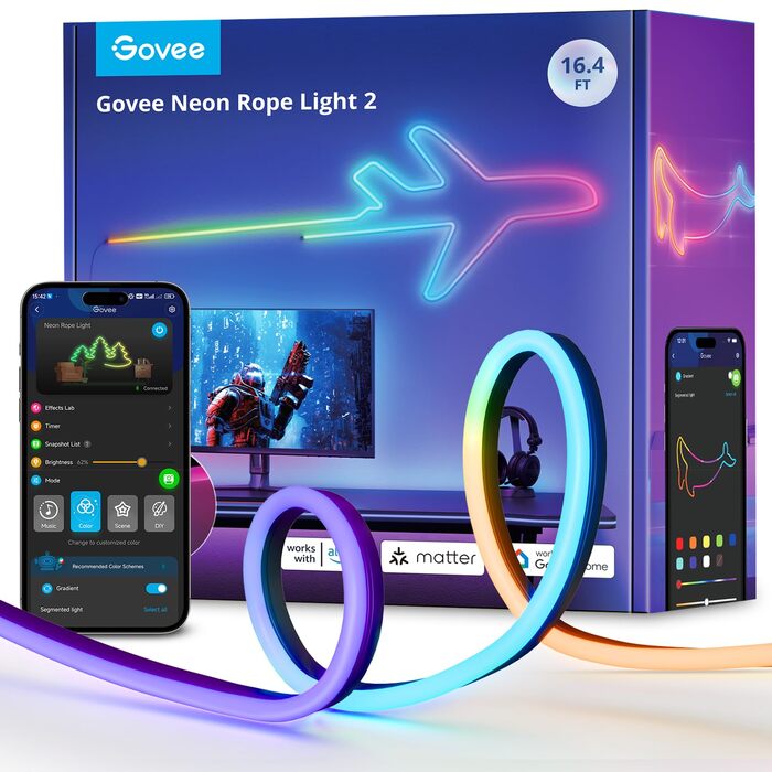 Гнучка неонова LED стрічка Govee Neon Rope Light 2, RGBIC підсвітка з можливістю створення DIY дизайну, чорна, 5м