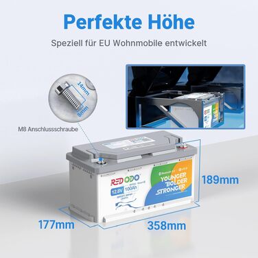LiFePO4 акумулятор Redodo 12V 100Ah для підсидіння з Bluetooth та Smart BMS 100A, DIN H8/L5 (H190)