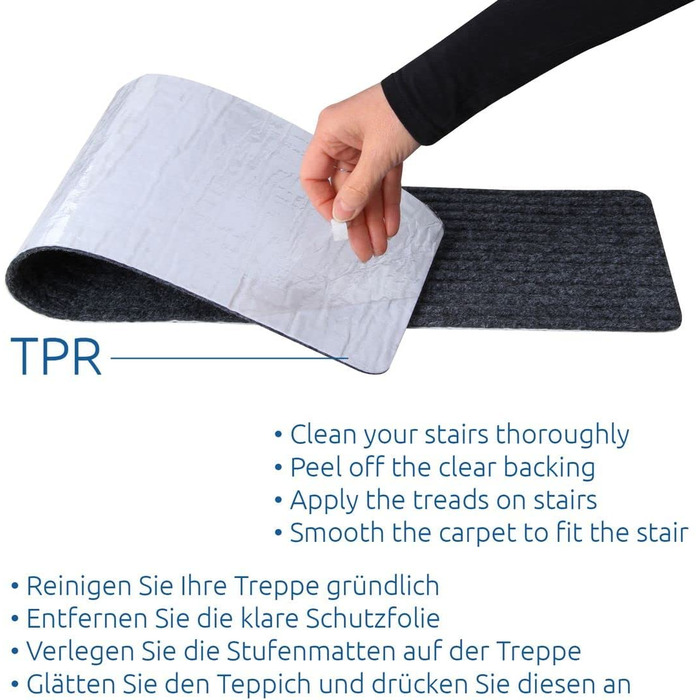 your GEAR Самоклеючі килимки на сходи 76x20 см, протиковзкі ступені з TPR-покриттям, без клею, набір 15 шт, сірі