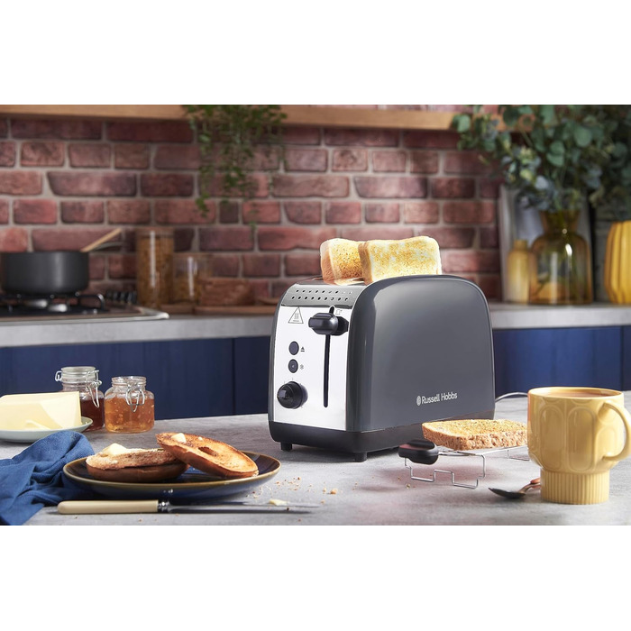 Тостер Russell Hobbs Colours Plus Edelstahl на 2 тости, сірий. З широкими слотами, підставкою для булочок, 6 режимів підсмажування, розморожуванням, функцією Lift & Look, 1600 Вт