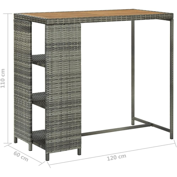 Барний стіл із полицею vidaXL, кухонний високий стіл, сірий, 120x60x110 см, поліратан