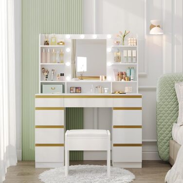 Косметичний стіл Hzuaneri з LED-підсвіткою, 10 лампочок, 3 режими світла, великий HD-дзеркало, 1 велика і 8 малих шухляд, 9 відкритих полиць, білий DT35703X