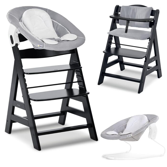 Високий стільчик для годування Hauck Alpha+ Newborn Set - з 2в1 гойдалкою. Дерев'яний стільчик для немовлят від народження, з м'якою подушкою та вкладишем для новонароджених (Classic, Чорний)