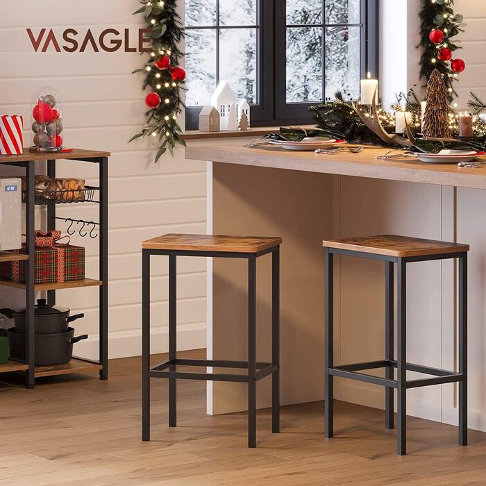 Барні стільці VASAGLE, 2 шт, для кухні та вітальні, 40x30x65 см, індустріальний стиль, вінтажно-коричневий/чорний