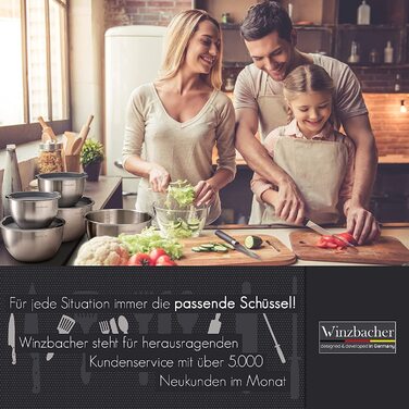 Набір мисок із нержавіючої сталі Winzbacher з кришками, 5 штук (1л, 1,5л, 2,5л, 3,5л, 4,5л), рифлені, для змішування та салатів, нековзкі, штабельовані, можна мити в посудомийній машині, з теркою