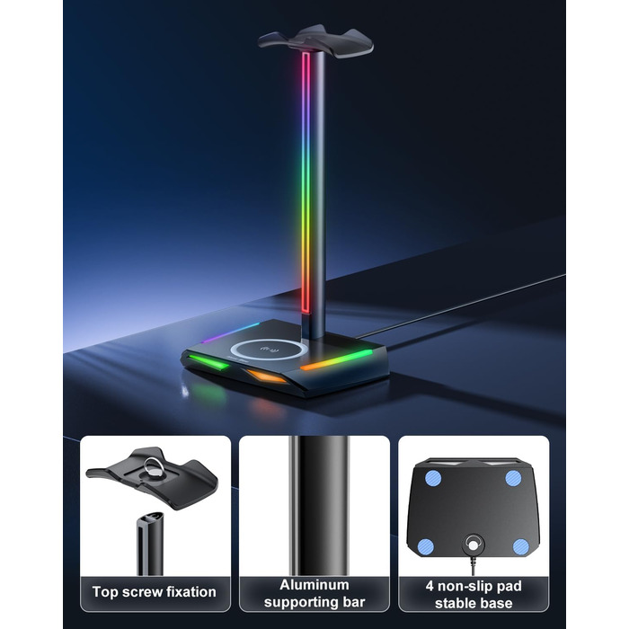 Підставка для навушників New bee RGB з бездротовою зарядкою, геймерська стійка для гарнітури з USB, 2 Type-C, 11 режимів підсвітки, чорна (Z12)