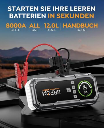 Powerbank Starthilfe BRPOM для автомобіля з компресором 160PSI, 8000A, 26800mAh, для бензинових та дизельних двигунів (12.0L), стартер, LED-ліхтар 600LUM, сріблясто-сірий