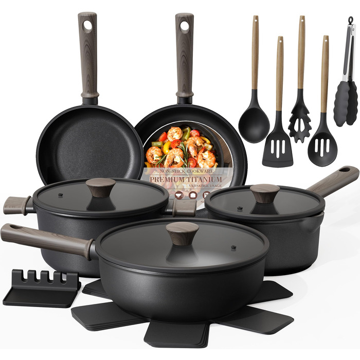 Набір посуду Astercook 19 предметів: антипригарні каструлі та сковорідги з титановим покриттям для індукційних плит, без ПФОА та ПТФЕ, чорний