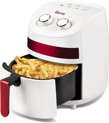Компактна аерофритюрниця Girmi FG93 Ecofrit, 3.2 л, 1000 Вт, економна (до -30% енергії), з антипригарним покриттям та книгою рецептів, Білий/Червоний