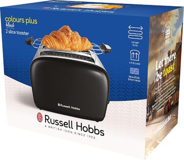 Тостер Russell Hobbs Colours Plus Edelstahl на 2 тости, чорний - з підставкою для булочок, 6 режимів підсмажування, розморожування, функція Lift & Look, 1600 Вт