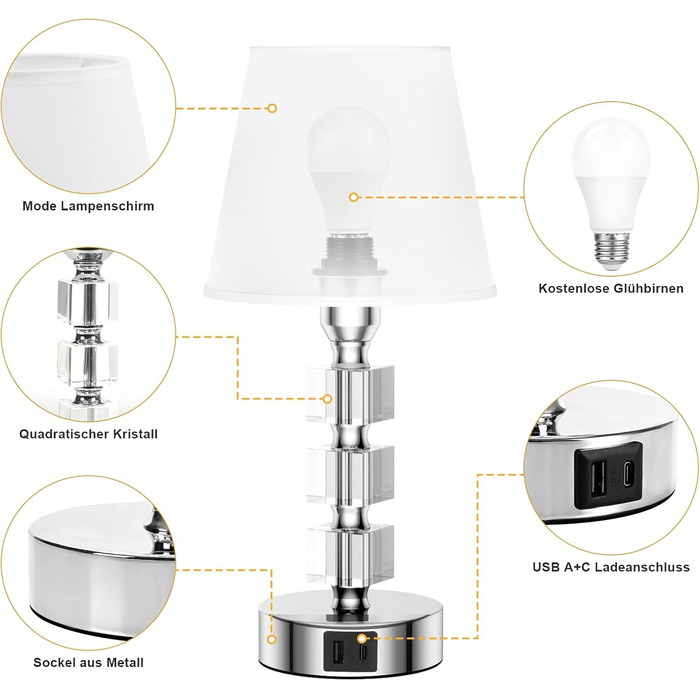 Настільна лампа Livofloral з сенсорним димером, USB A+C, LED, кришталем і тканинним абажуром, для спальні, дитячої, вітальні, готелю, біла