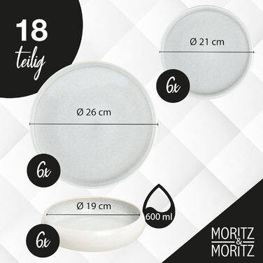 Набір посуду Moritz & Moritz SOLID UNI на 6 осіб, 18 предметів, кераміка (кам'яна маса), колір крем — сучасний сервіз для столу, підходить для мікрохвильової печі та посудомийної машини